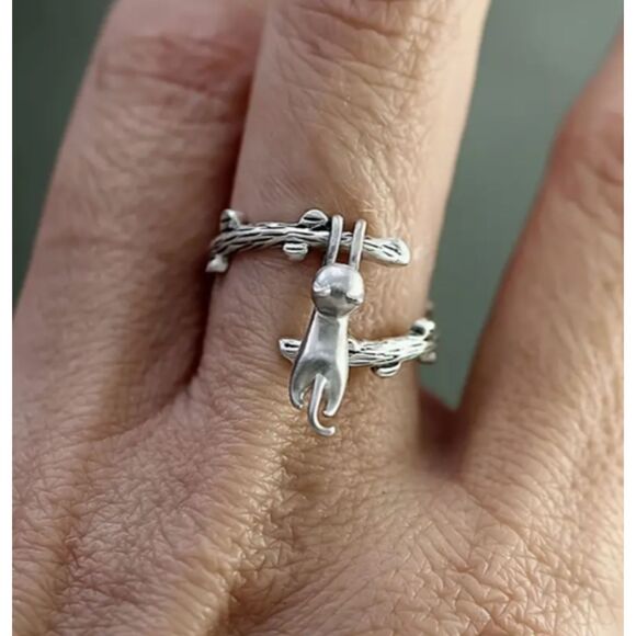 Silver Dangling Cat From Tree Branch Ring Adjustable Kitty - Picture 8 of 9